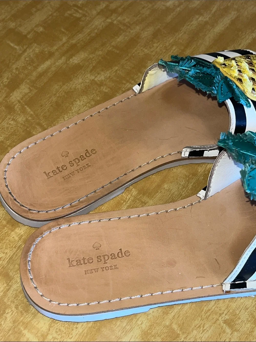 kate spade Black & White Stripe Pineapple Slide Sandals with Teal Leaves